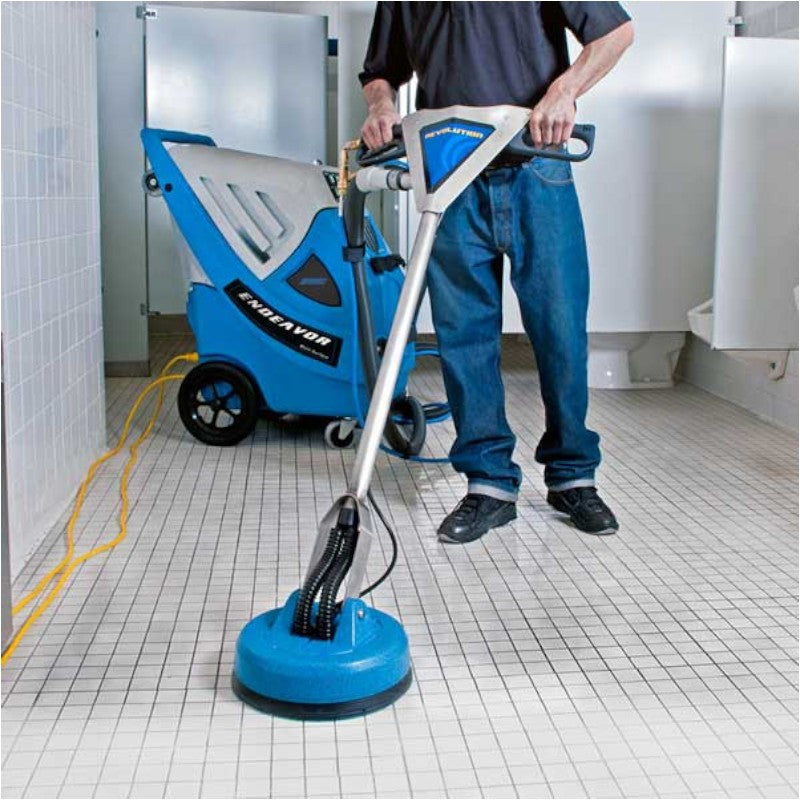 cleaning in the bathroom with edic 1200rev revolution tile and grout cleaning tool for superior results.