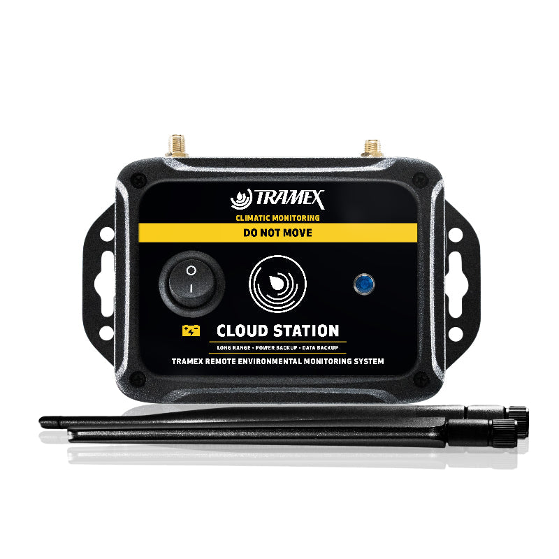 Tramex TREMS-Xtra Remote Environmental Monitoring System Xtra A compact remote monitoring device designed for environmental conditions, featuring a sleek white background and modern design.