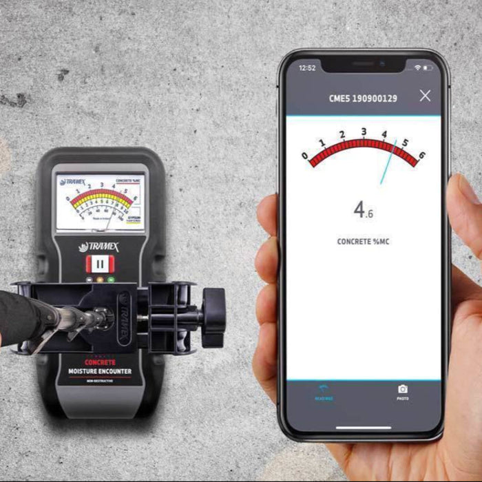 Tramex Water Damage Restoration Tech Kit - WDTK: Image of the Tramex CME5 extension handle for iPhone, designed for measuring moisture in materials, featuring a sleek design and a compatibility indicator for effortless use.