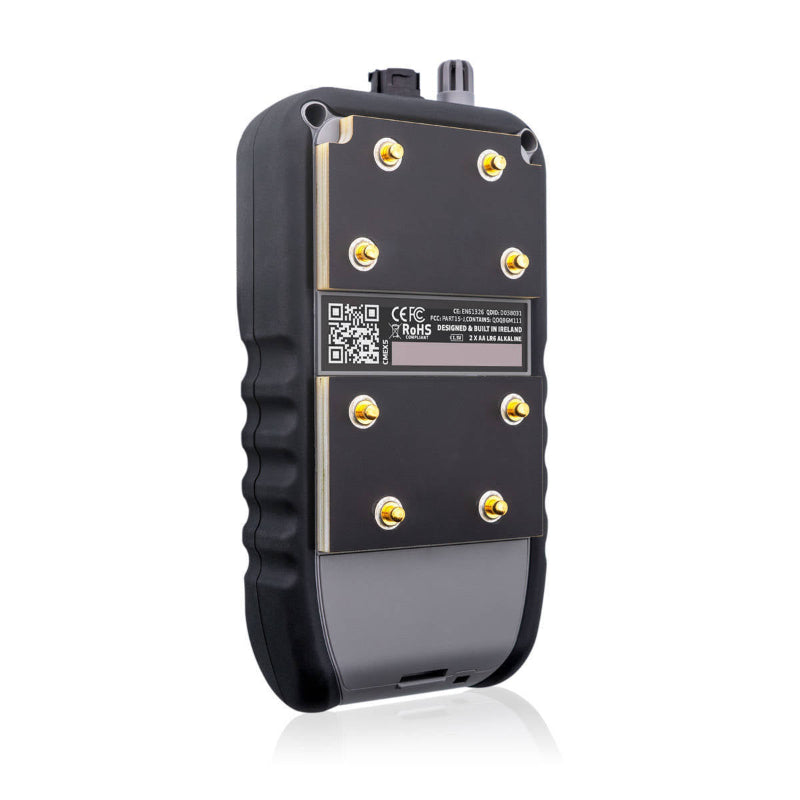 Tramex Concrete Coatings Inspector Kit - CCIK A back view of the Tramex CMEX5 moisture meter placed against a white background, showcasing its sleek design and features.