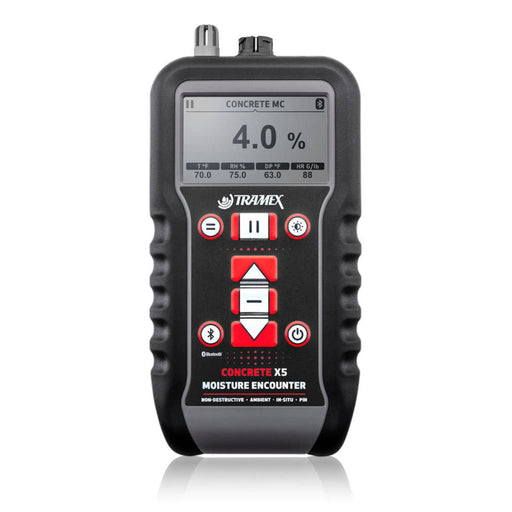 Tramex Flooring Inspection Master Kit X - FMK-X Image showing the Tramex Flooring Inspection Master Kit X, featuring various tools and components designed for moisture analysis in flooring applications, with a clear view of the meter and accessories arranged on a flat surface.