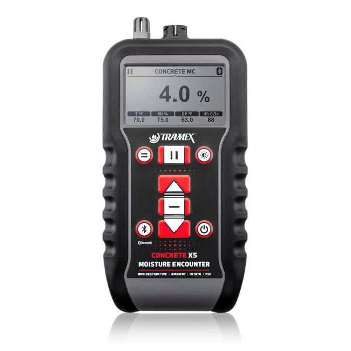 Tramex Flooring Inspection Master Kit X - FMK-X Image showing the Tramex Flooring Inspection Master Kit X, featuring various tools and components designed for moisture analysis in flooring applications, with a clear view of the meter and accessories arranged on a flat surface.