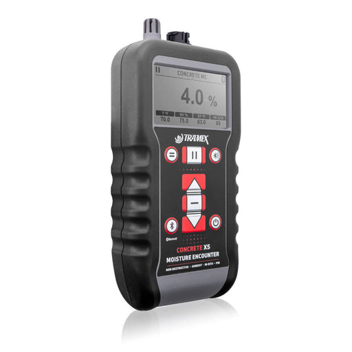 Tramex CMEX5 - Concrete Moisture Encounter CMEX5, a handheld concrete moisture meter displayed from a front-angle view, features a digital screen and buttons for measurement. The device is designed for accurate moisture assessment in concrete surfaces.