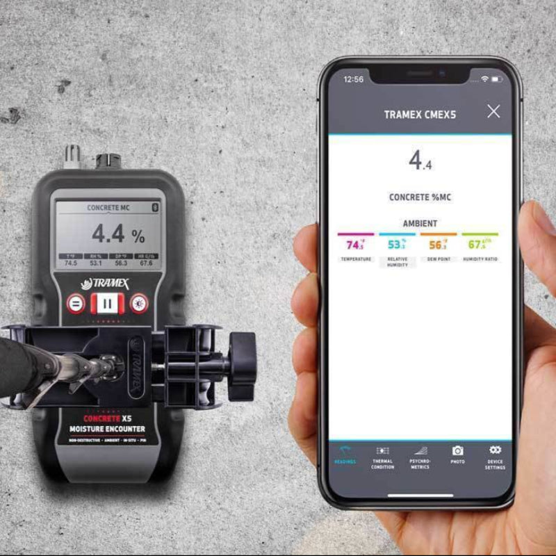 Tramex Water Damage Restoration Master Kit - WDMK An image showing the Tramex CMEX5 NDT iPhone app extension handle, designed for use in water damage restoration, highlighting its features and functionality.