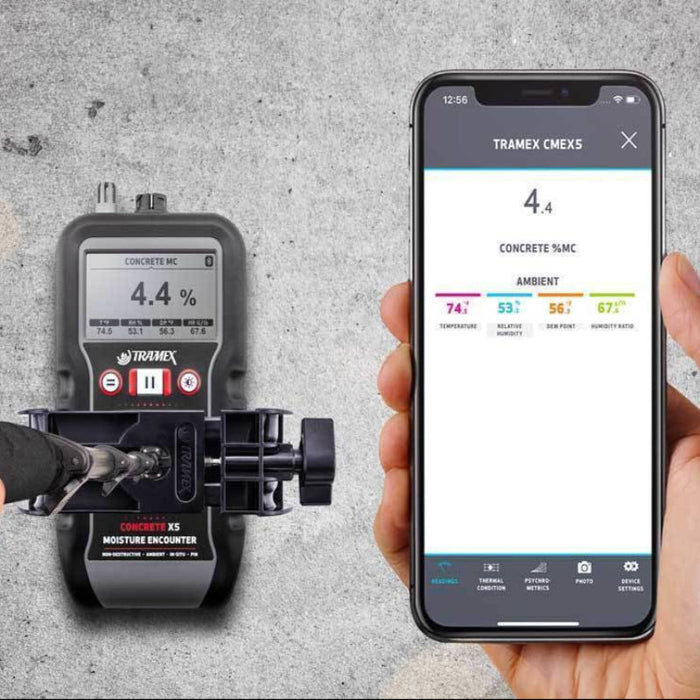 Tramex Water Damage Restoration Inspector Kit - WDIK: An image showing the Tramex CMEX5 non-destructive testing tool attached to an iPhone via an extension handle, designed for moisture detection in restoration applications.