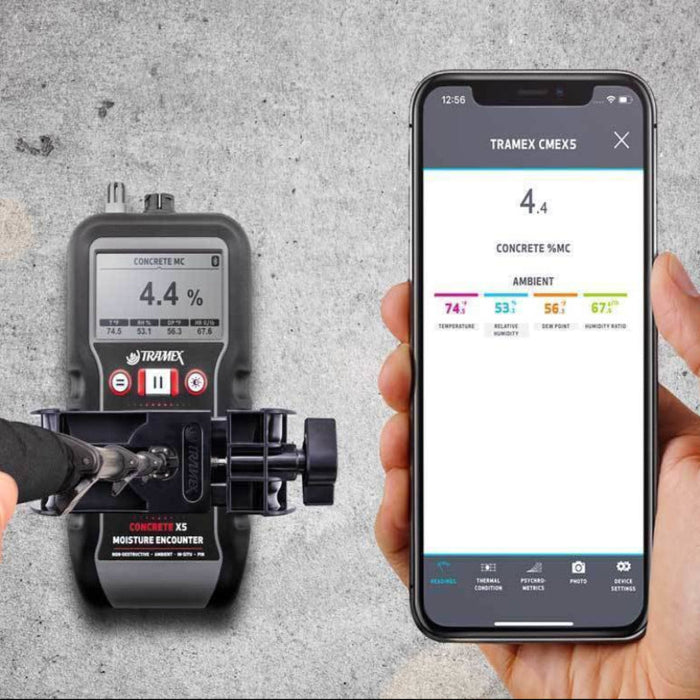 Tramex Concrete Coatings Inspector Kit - CCIK: image showing a Tramex CMEX5 non-destructive testing meter with an iPhone app extension handle, designed for measuring moisture levels in concrete.