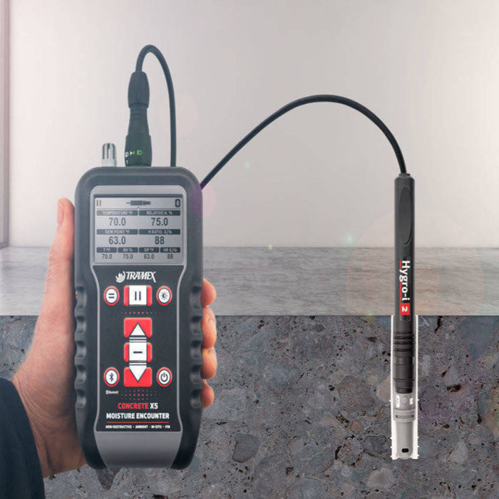 Tramex Hygro-i2 RH Probes - HIPP Detailed view of the Tramex Hygro-i2 RH probe with an in-situ cut away sleeve for measuring relative humidity in concrete floors, showcasing its design and functionality.