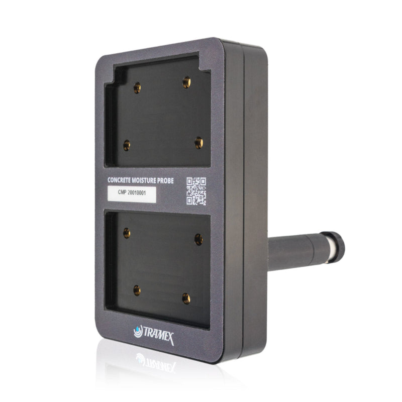 Tramex CMP - Concrete Moisture Probe A concrete moisture probe with an assembled back plate, angled for ease of use, set against a neutral background.
