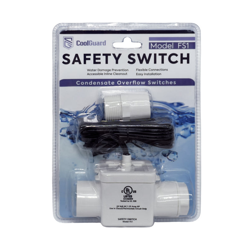 CoolGuard FS1 safety switch in its retail blister pack, inline switch body and leads visible