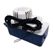 CoolGuard High Profile condensate pump, white motor housing on a navy tank, power cord coiled on top