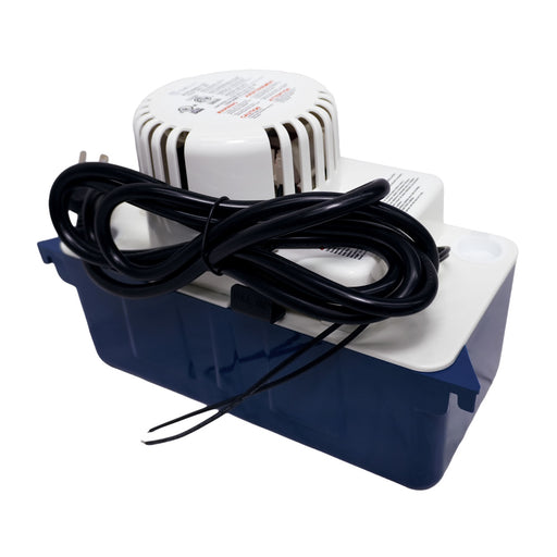 CoolGuard High Profile condensate pump, white motor housing on a navy tank, power cord coiled on top