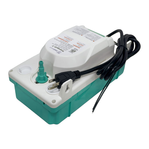 CoolGuard Tranquil T condensate pump, low white and teal body with barbed outlet and cord