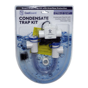 CoolGuard CTK-2 condensate trap kit in its retail pack, showing the switch, tees, caps and clear trap