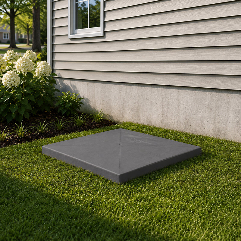 CoolGuard equipment pad set on a lawn beside a house with gray siding