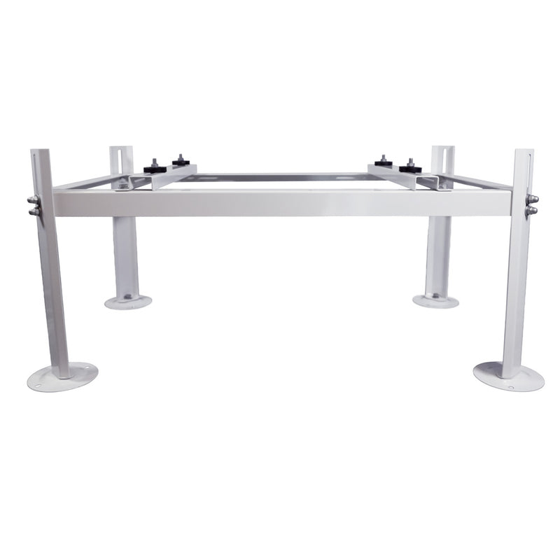 CoolGuard Weldbracket white steel condenser stand, front view with four legs and rubber-topped bolts