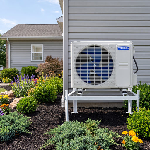 MRCOOL condenser on a CoolGuard Weldbracket stand in a flower bed beside a sided house