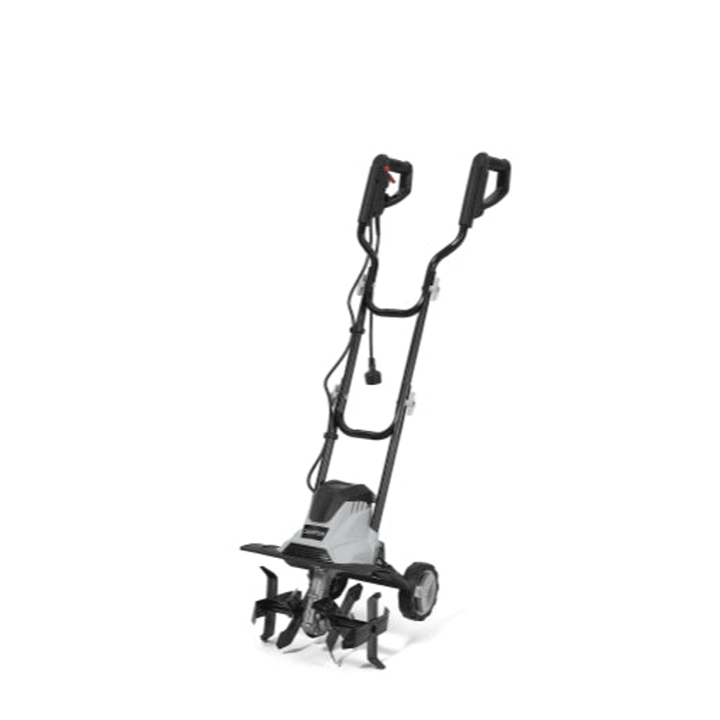 Dapper Supply 14-inch electric tiller cultivator front angle view.