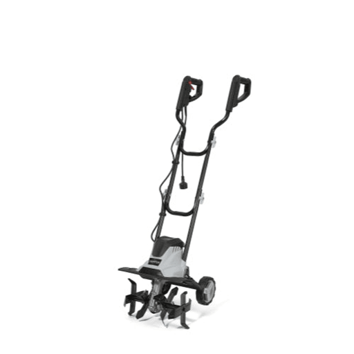 Dapper Supply 14-inch electric tiller cultivator front angle view.