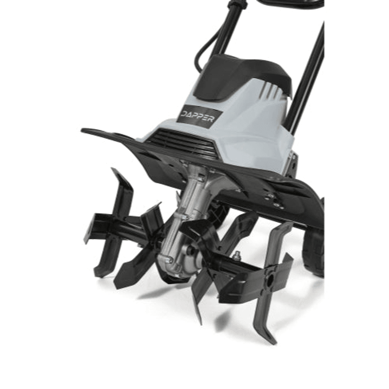 Dapper Supply 14-inch electric tiller steel tines closeup.