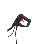 Dapper Supply 14-inch electric tiller trigger and safety handle closeup.