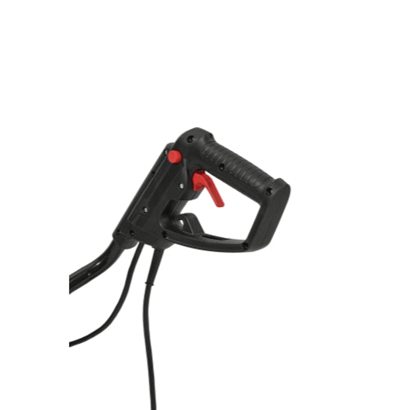 Dapper Supply 14-inch electric tiller trigger and safety handle closeup.