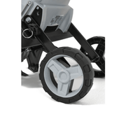 Dapper Supply 14-inch electric tiller adjustable rear wheel closeup.