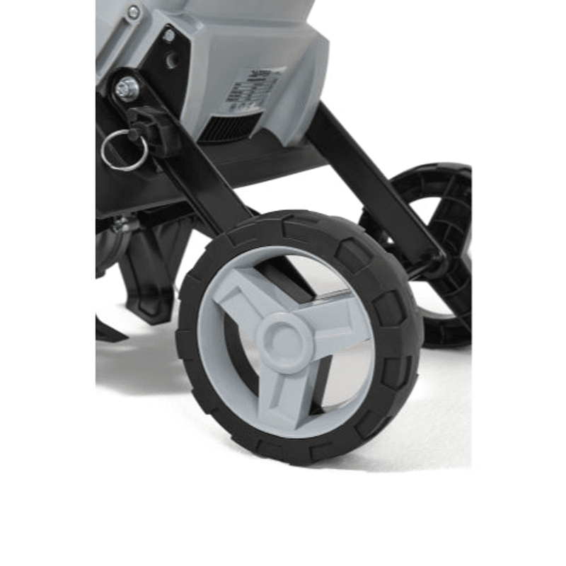 Dapper Supply 14-inch electric tiller adjustable rear wheel closeup.