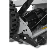 Dapper Supply 16-inch reel mower wheel and height adjustment lever closeup.