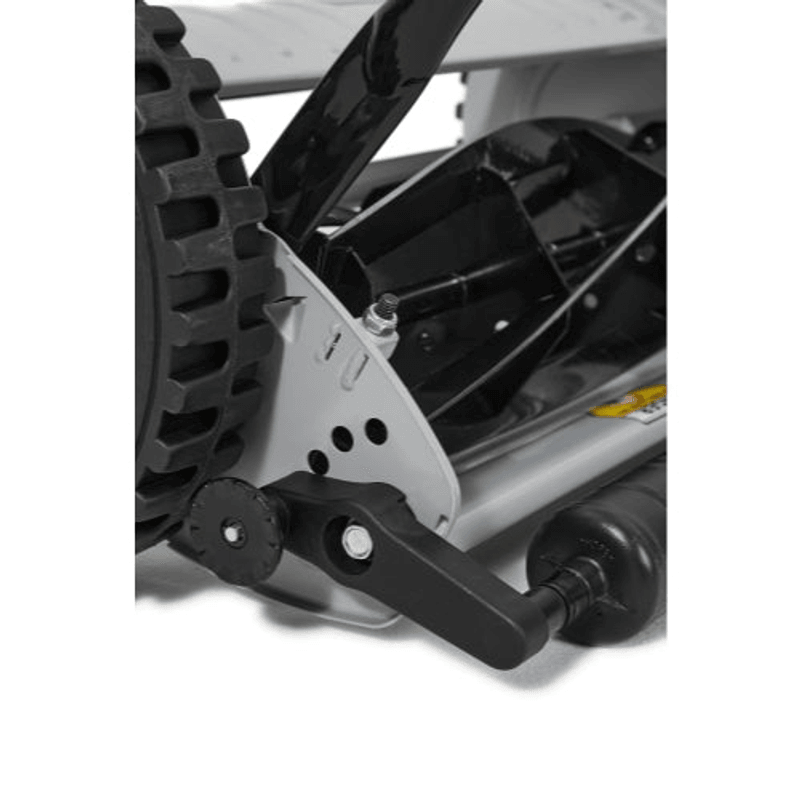 Dapper Supply 16-inch reel mower wheel and height adjustment lever closeup.
