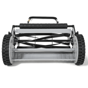 Dapper Supply 16-inch reel mower rear roller and reel closeup.