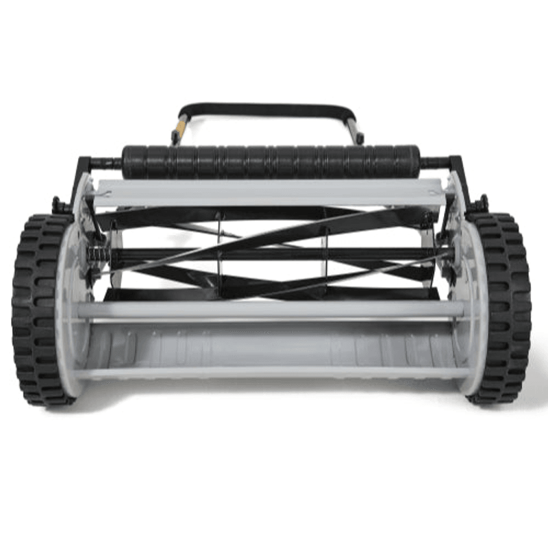 Dapper Supply 16-inch reel mower rear roller and reel closeup.