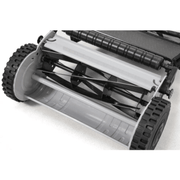 Dapper Supply 16-inch reel mower blade reel and rear roller closeup.