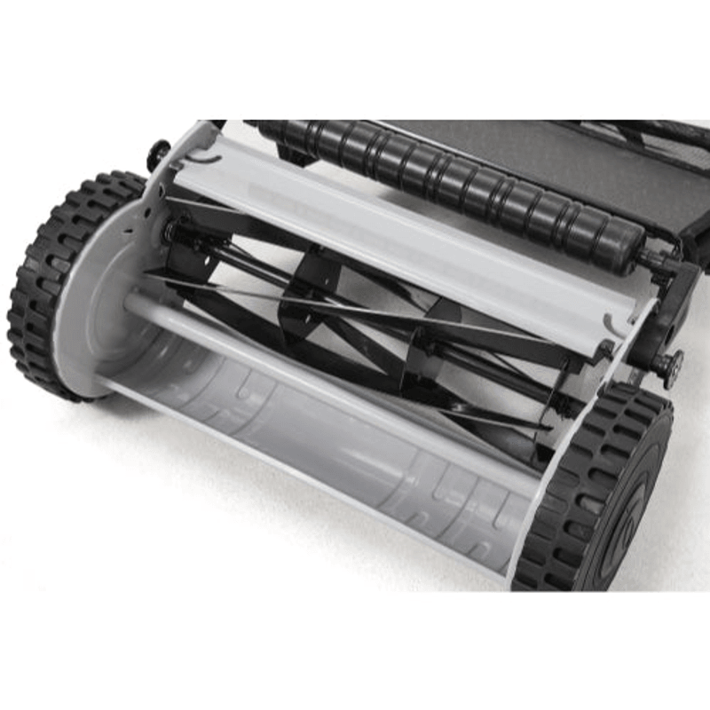 Dapper Supply 16-inch reel mower blade reel and rear roller closeup.