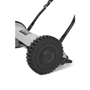 Dapper Supply 16-inch reel mower 8.5-inch drive wheel closeup.