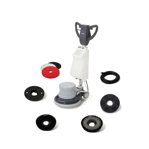 Dapper Supply 17-inch weighted floor buffer polisher with solution tank, three pads, pad driver, brushes, and power cord.