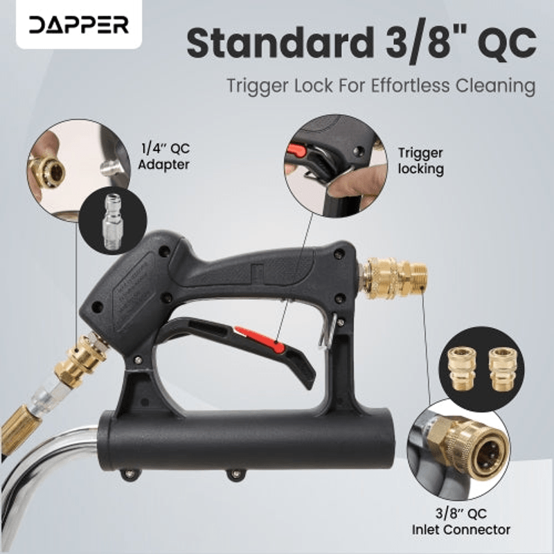 Dapper Supply 18-inch surface cleaner infographic on 3/8-inch QC connectors and trigger lock.