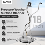 Dapper Supply 18-inch surface cleaner infographic on pressure, operation, and movement.