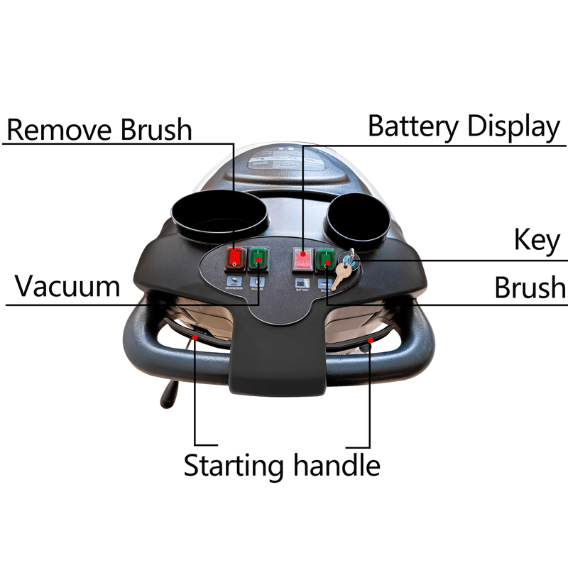 Dapper Supply 19-inch battery walk-behind floor scrubber three-quarter view.