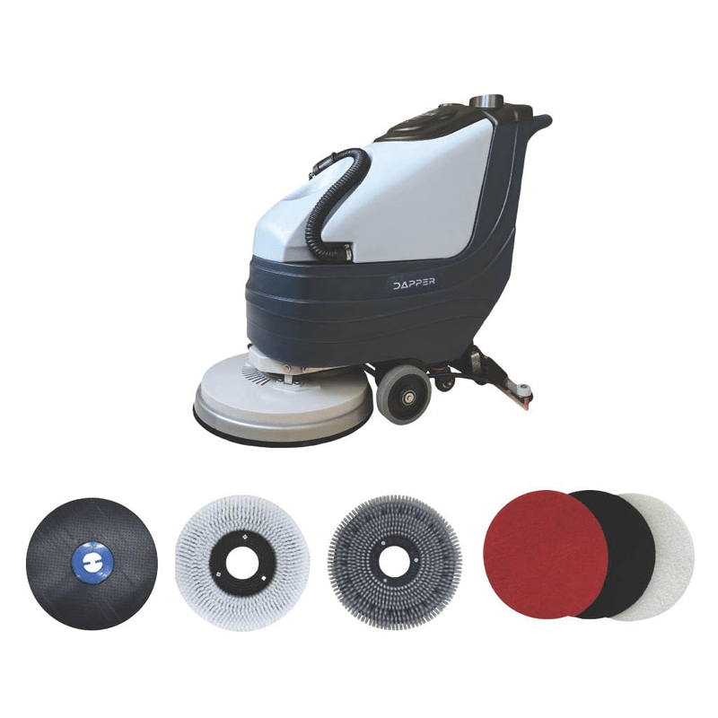 Dapper Supply 19-inch floor scrubber with pad driver, brushes, and floor pads.