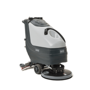 Dapper Supply 19-inch battery walk-behind floor scrubber front angle view.
