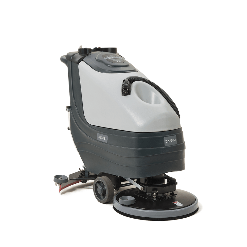 Dapper Supply 19-inch battery walk-behind floor scrubber front angle view.