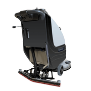 Dapper Supply 19-inch battery walk-behind floor scrubber rear angle view.