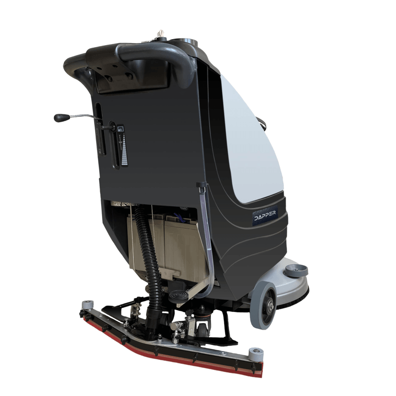 Dapper Supply 19-inch battery walk-behind floor scrubber rear angle view.