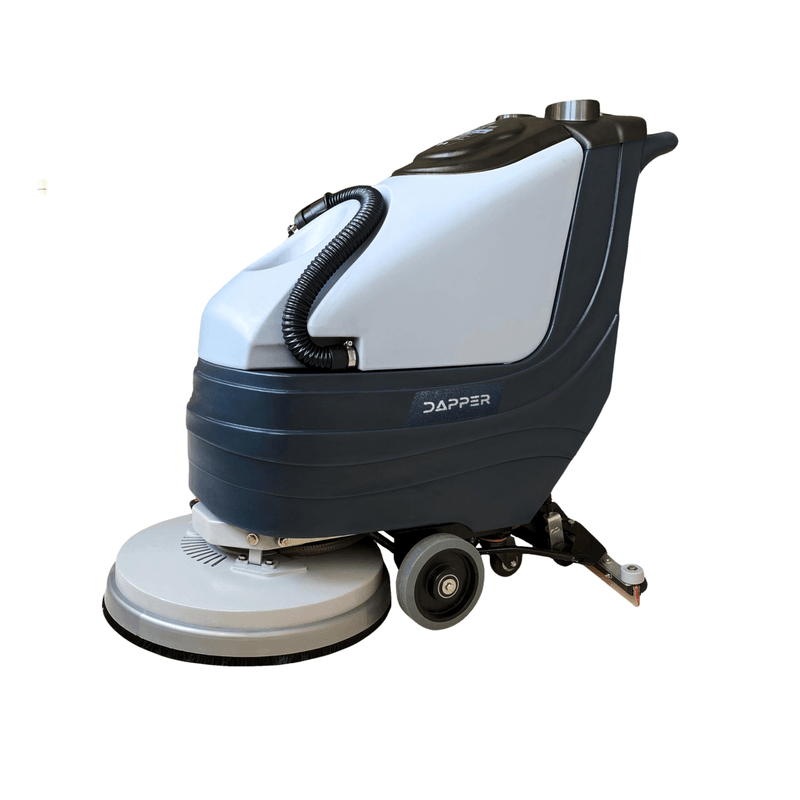 Dapper Supply 19-inch floor scrubber side view showing the round brush deck.