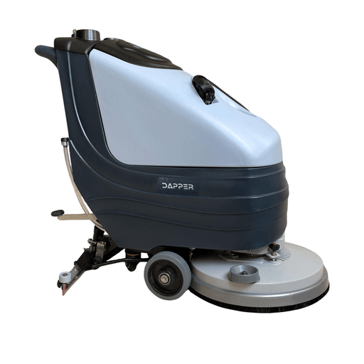 Dapper Supply 19-inch battery walk-behind floor scrubber side profile view.
