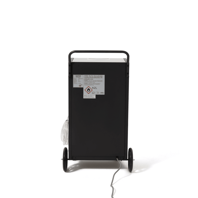 Dapper Supply 190-pint commercial dehumidifier back panel with safety labels.