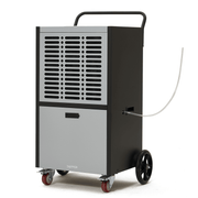Dapper Supply 190-pint commercial dehumidifier front angle with drain hose.