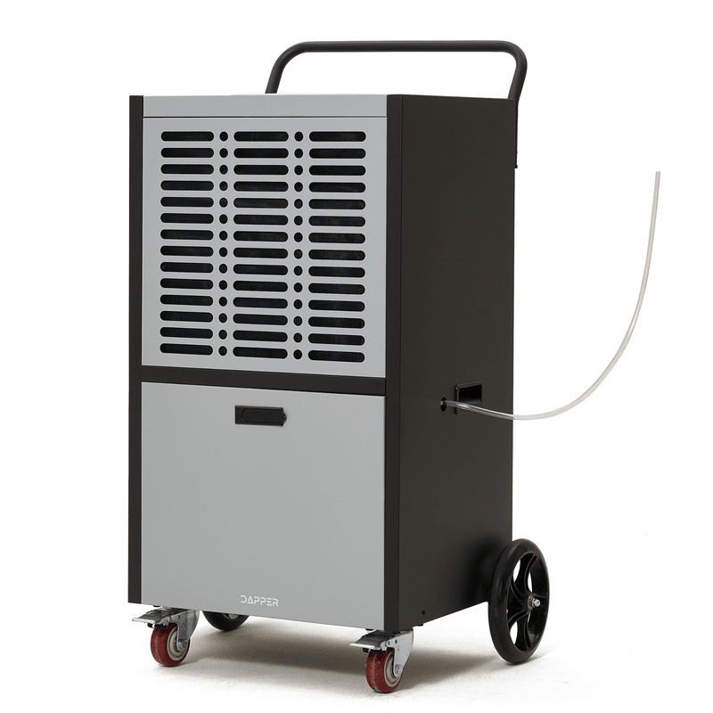 Dapper Supply 190-pint commercial dehumidifier front angle with drain hose.