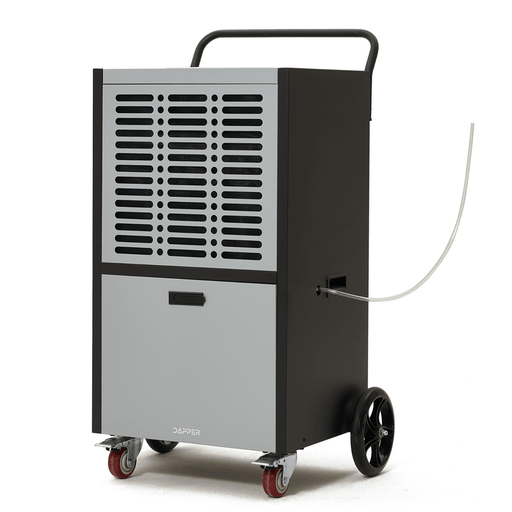 Dapper Supply 190-pint commercial dehumidifier front angle with drain hose.
