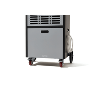 Dapper Supply 190-pint commercial dehumidifier lower front with casters and hose.